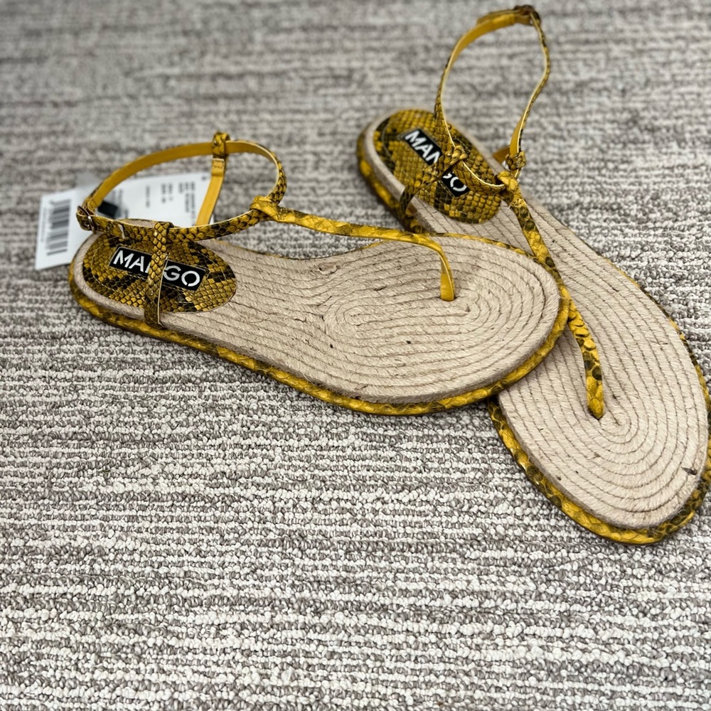 Mango Flat Espadrille Sandals in Yellow Snakeskin 🆕